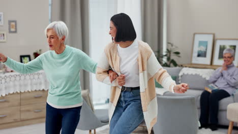 Dancing,-senior-woman-and-caregiver