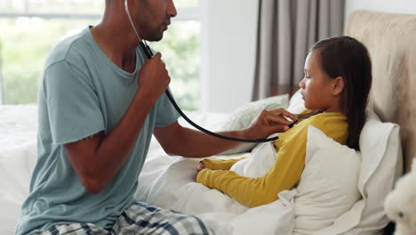 Stethoscope,-sick-and-dad-checking-his-kid-in-bed