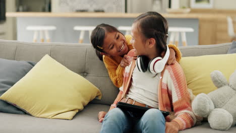 Sisters,-playing-and-kid-with-headphone