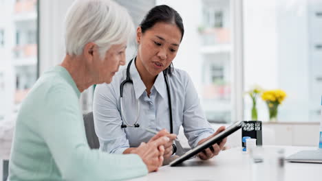 Results,-tablet-and-senior-woman-with-doctor