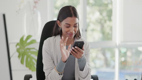Woman,-phone-and-excited-in-office-with-texting