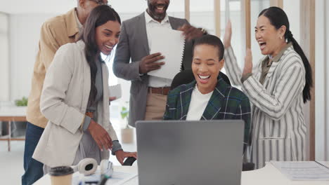 Success,-applause-and-a-black-woman-with-employees