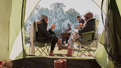 Coffee-cup,-nature-camping-and-happy-people-toast