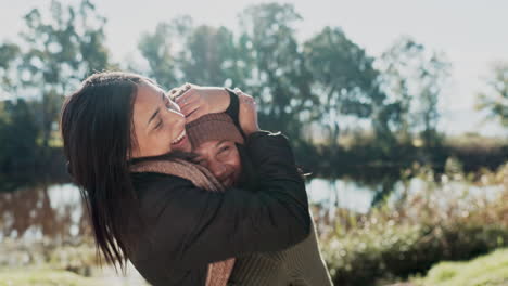 Women-with-smile,-nature-and-hugging-at-camp