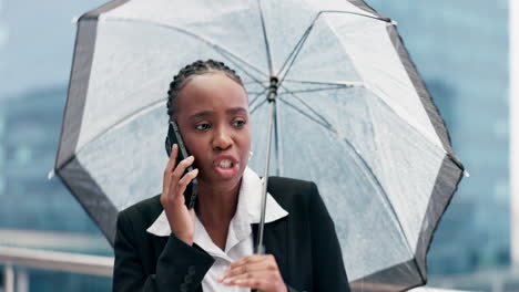 Phone-call,-argument-and-upset-woman-with-umbrella
