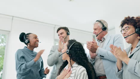 Call-center,-clapping-and-people-success