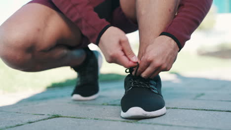 Fitness,-exercise-and-hands-tie-shoes-in-nature