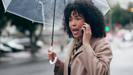 Phone-call,-rain-and-anxiety-with-business-woman