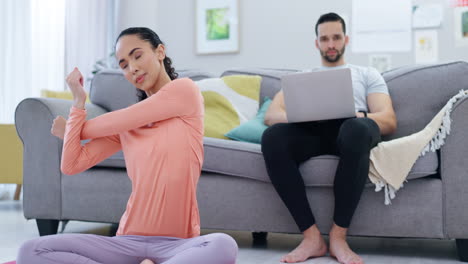 Remote-work,-couple-and-stretching-in-a-house