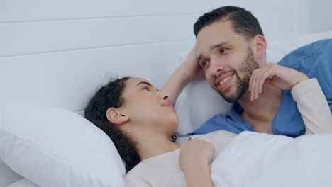 Couple,-talking-and-home-bed-in-morning-for-love