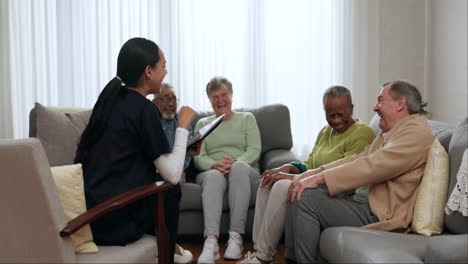 Senior-people,-talking-and-nurse-in-support-group
