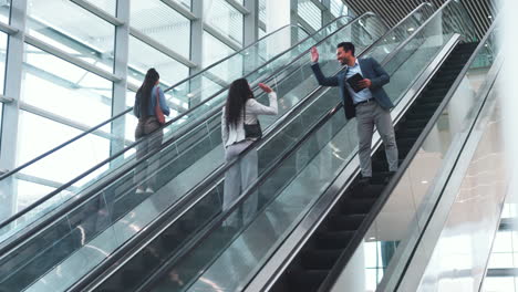 Escalator,-office-and-business-people-high-five