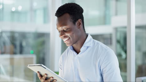 Office-tablet,-typing-and-black-man-happy