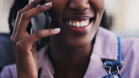 Woman,-mouth-and-talking-in-phone-call-with-smile