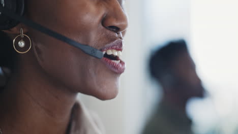Black-woman,-mouth-and-consulting-in-call-center