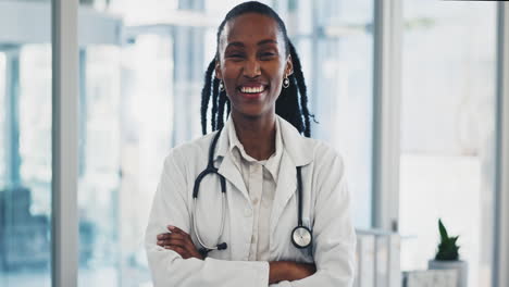 Face,-arms-crossed-and-a-doctor-black-woman