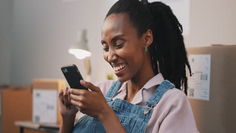 Phone,-funny-and-black-woman-scroll-in-home
