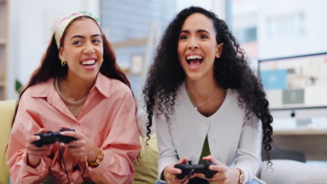 Women-friends,-sofa-and-controller-for-video-game