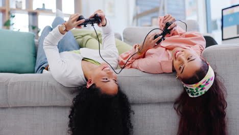 Women-friends,-sofa-and-controller-for-gaming