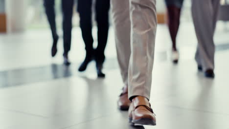 Walking,-legs-and-floor-of-company-with-business