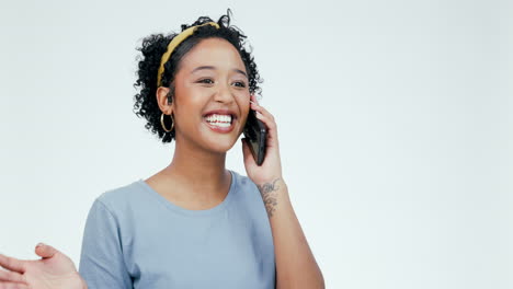 Phone-call,-funny-and-talking-with-face-of-woman