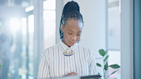 Business,-black-woman-and-tablet-in-office
