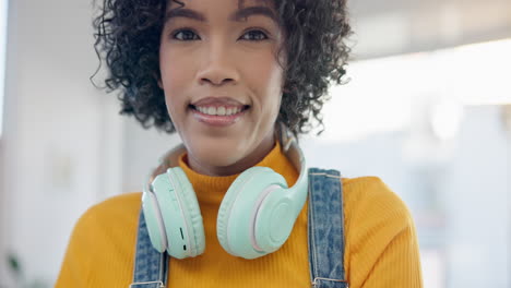 Face,-home-and-woman-with-headphones