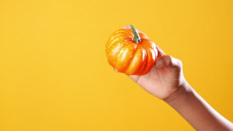 Hand-hold-a-small-pumpkin-against-yellow-backgorund