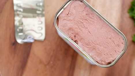 Close-up-of-canned-meat-on-table-,