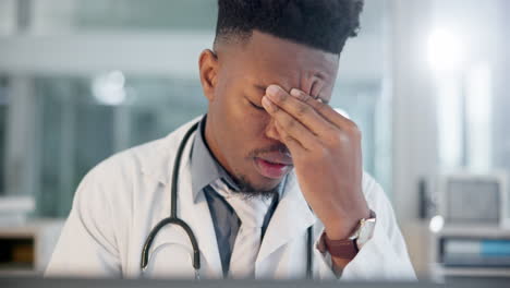 Black-man,-doctor-and-fatigue-with-headache