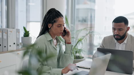 Phone-call,-talk-and-black-woman-at-desk