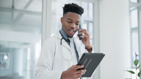 Tablet,-phone-call-and-a-doctor-black-man