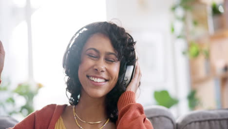 Home,-smile-and-woman-with-headphones