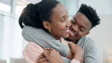 Laughing,-hug-and-black-couple-in-a-house