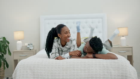 Black-couple-in-bed-with-laugh,-talk-and-love