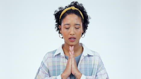 Praying,-hands-and-woman-in-studio-for-worship
