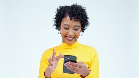 Phone,-message-and-woman-in-studio-smile