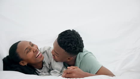 Black-couple,-bed-and-laughing-with-happy-love