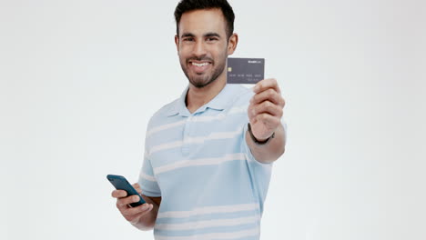 Kreditkarte,-Glückliches-Und-Männliches-Gesicht-Mit-Telefon