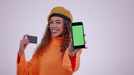Happy-woman,-phone-mockup-and-credit-card