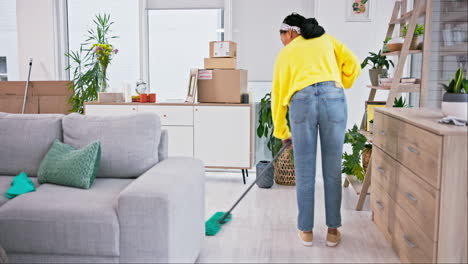 Woman,-mop-and-dirt-in-home