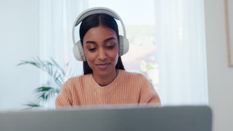 Music,-headphones-and-computer-with-woman-smile