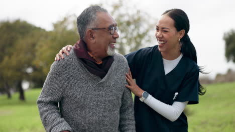 Healthcare,-smile-and-old-man-with-nurse-in-park