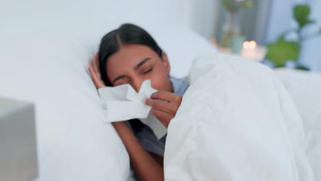 Bed,-sick-and-woman-with-tissue