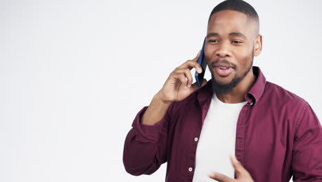 Black-man,-talking-and-phone-call-on-isolated