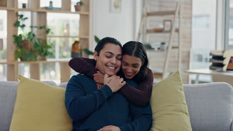 Support,-talk-or-happy-couple-hug-in-home-living