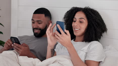 Phone,-relax-and-couple-in-bed-with-social-media
