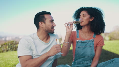 Champagne,-toast-and-couple-on-picnic-in-nature