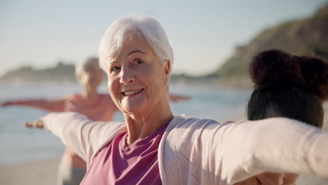Beach-class,-teacher-and-old-woman-doing-yoga