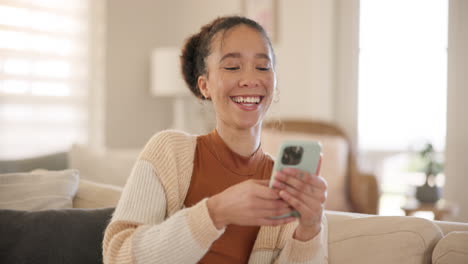 Young-woman,-phone-and-laugh-on-sofa
